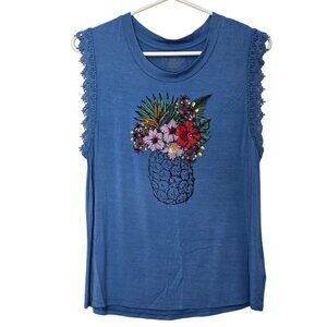 True Vintage Blue Sleeveless Floral Pineapple Shirt with Lace Detail Size Large